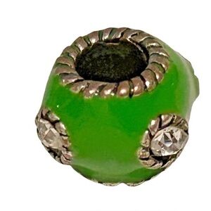 Green and Silvertone Charm Bead with clear stones for Bracelet Necklace Jewelry